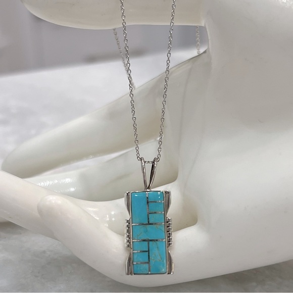 Santa Fe Style Turquoise Sterling Silver Pendant Necklace - Picture 4 of 11